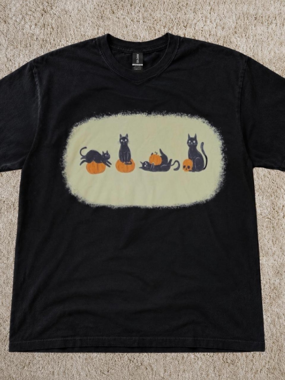Gildan Black Tee with Black Cats & Orange Pumpkins